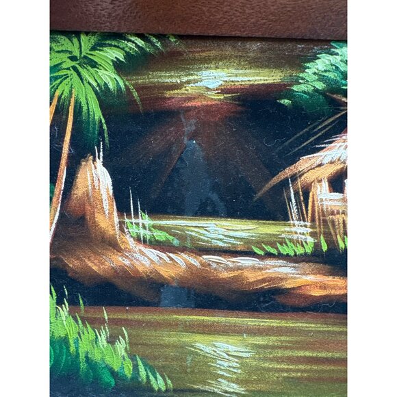 Rustic MCM Tropical Island Landscape Oil Painting With Black Velvet Wooden Frame - Picture 13 of 15